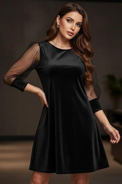 rochie de catifea neagra croi evazat lejer