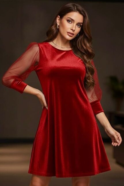 rochie eleganta rosie catifea maneci din tulle